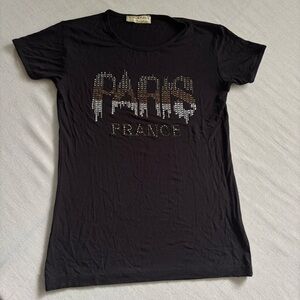 Attitude Paris Black Rhinestone Paris France T-Shirt Women’s Small